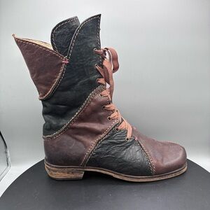Rovers Leather Lace Up Mid Calf Rustic Patchwork Boots Women 6 Black/Brown